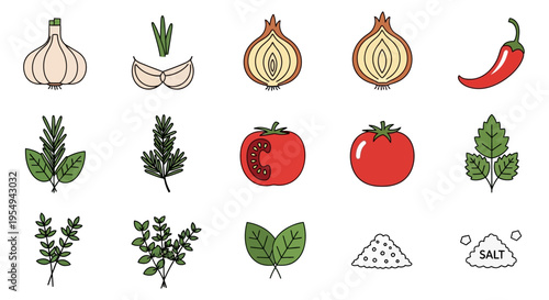 Colorful illustration of various cooking ingredients and spices.