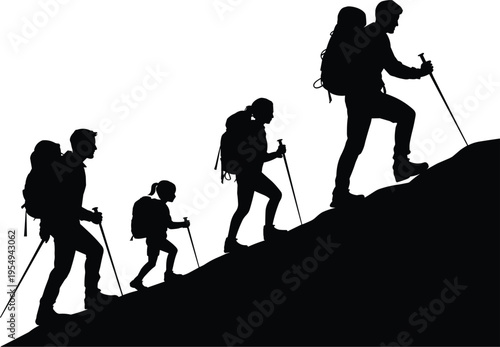 Family silhouette hiking uphill together with backpacks and walking sticks on white background vector