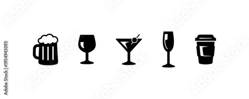 Beer wine cocktail and coffee drink icon set