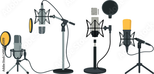 Microphones Vector Set for Sound Recording, Podcasting, Live Streaming, Radio Broadcast, Interviews, Media Studio, and Professional Audio Equipment Collection