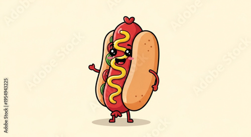 Cartoon hot dog with mustard and ketchup on bun standing alone on beige background