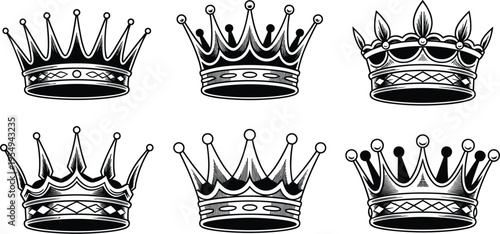 Vintage royal crown set, hand drawn king and queen heraldic symbols for luxury design