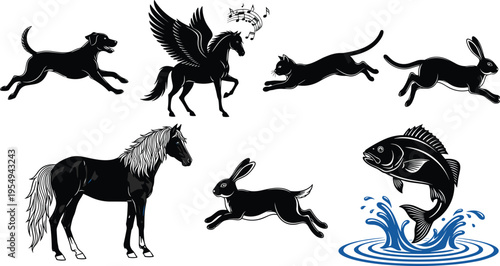Animal motion silhouette illustration set, dog cat rabbit horse fish artwork, mythical Pegasus vector design concept
