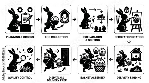 Whimsical Easter Bunny Egg Preparation Vector Illustration
