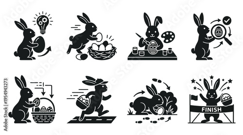 Whimsical Easter Bunny Egg Preparation Vector Illustration
