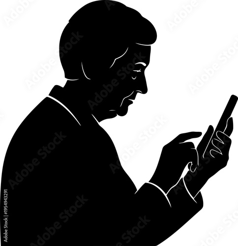 Old Man Using Smartphone Silhouette Vector.