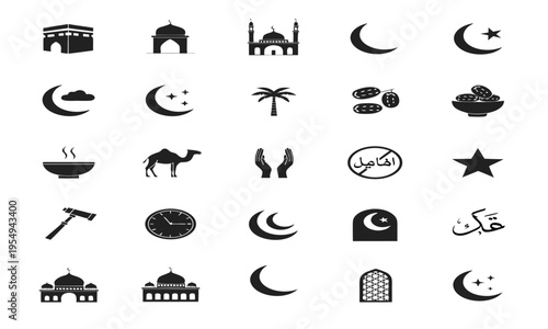 A collection of black silhouette icons representing islamic symbols architecture food and cultural elements high-quality professional detailed modern elegant stylish clean crisp vibrant colorful digit