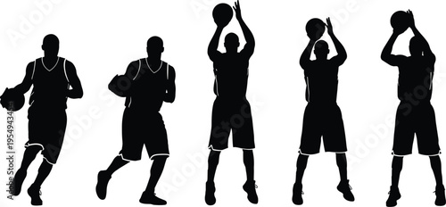 Basketball player silhouette illustration set, dribbling shooting jump shot motion artwork, athletic sport vector design concept