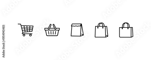 Shopping bag and cart retail icon set outline