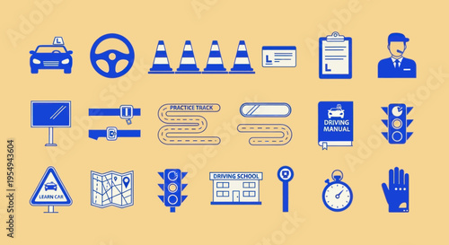 Driving School Icons Set: Car, Steering Wheel, Cones, Traffic Lights, Map, License
