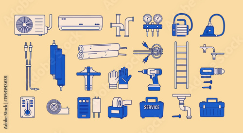 HVAC Tools and Equipment Set: Air Conditioner, Drill, Ladder, Thermometer, Gauge, Pipes