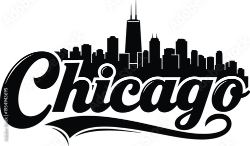 Chicago skyline silhouette logo, black city typography design, urban landmark illustration, windy city graphic, monochrome architecture artwork, vector style