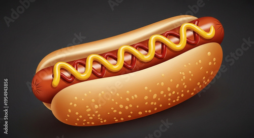 Delicious hot dog with yellow mustard on a sesame seed bun against a dark background perfect for food illustrations