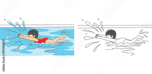 Cute child swimming in a pool with water splashes vector illustration, color and black and white outline line art for coloring book page.