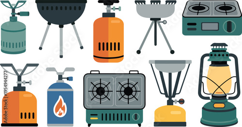Camping Gas Stoves Vector Set with Portable Burners, Propane Tanks, Hiking Cookers, Expedition Kitchen Equipment, Camp Furnaces, Touristic Ovens
