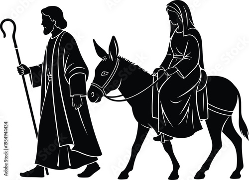 Black silhouette of Joseph walking and Mary riding a donkey on their journey to Bethlehem for the birth of Jesus Christ in Christmas