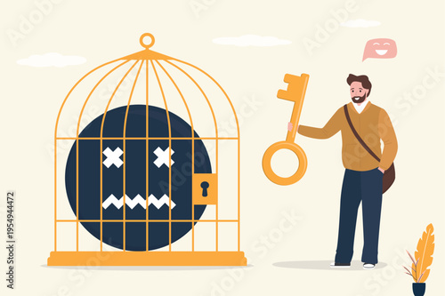 Bad mood and negative emotions closed in cage. Happy man holding key from birdcage. Positive thinking, good mood helps to live and work. Negative emoji in cage.