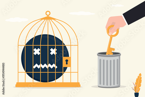 Positive thinking, good mood helps to live and work. Bad mood and negative emotions closed in cage. Human hand throw key in trash can. Negative emoji in birdcage.