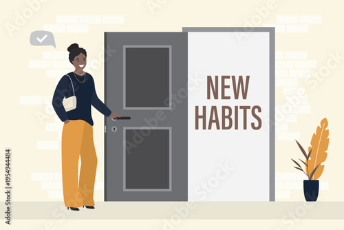 New habits for confident woman. Smart girl opens door looking for new direction. Successful businesswoman with positive thinking, motivation. Choose new way for development.