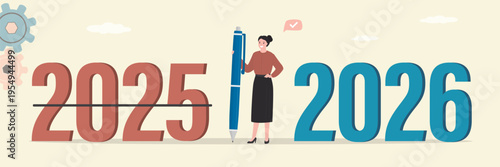 Businesswoman crossed out 2025. New opportunities, goals for new year 2026. Expectations, forecasts and hopes for new year 2026. Business woman uses pen