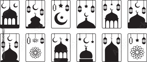Ramadan Kareem greeting cards with mosque silhouettes and lanterns on white background