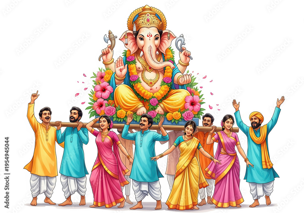 Fototapeta premium Ganesh Chaturthi Celebration with Devotees Dancing.