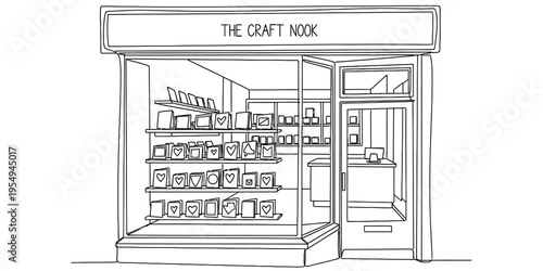 Continuous One Line Drawing of Charming Craft Nook Storefront Exterior