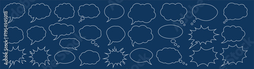 Set of comic speech bubbles and thought balloons on blue background