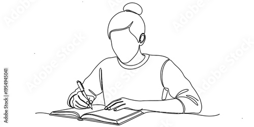 Continuous One Line Drawing of Woman Writing in Journal Notebook