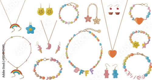 Cute Kids Beads Jewelry Set with Bracelets Earrings Necklace, Colorful Girly Accessories, Hearts Letters Cat Unicorn Vector Collection