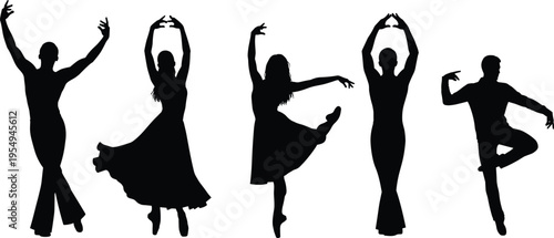 Dance silhouette illustration set, ballet contemporary dancer artwork, graceful motion performance vector design concept