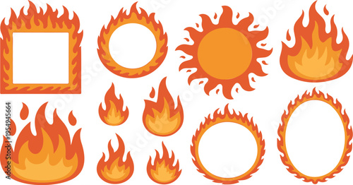 Flame Frame Collection with Curved Fire Shapes, Round Oval Square Fiery Borders, Hot Inferno Elements Vector Set