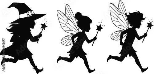 Fantasy silhouette collection, witch outline figure, fairy motif illustration, magic icon art, spell design graphic, whimsical posture symbol image