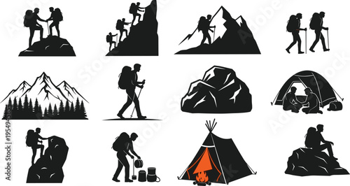 Hiking camping outdoor activity silhouette illustration set, trekking climbing tent mountain adventure artwork, nature vector design concept