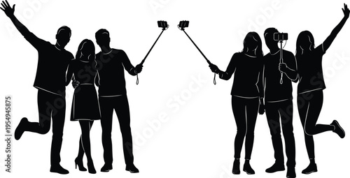 Group selfie silhouette illustration set, people taking photo with selfie stick artwork, social technology vector design concept