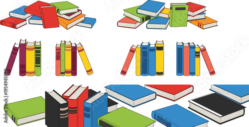 Colorful book collection vector illustration, stacked textbooks and notebooks set, education library elements, reading materials, academic study concept, school supplies bundle, isolated design