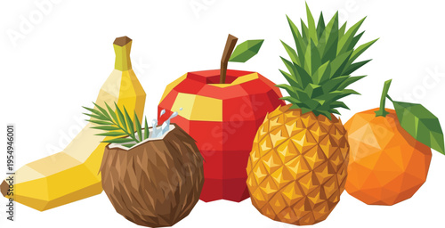 Colorful assortment of tropical and common fruits in a stylized illustration
