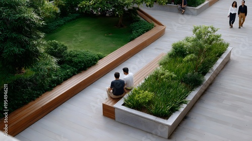Modern urban garden with people relaxing on wooden benches amidst lush greenery and paved walkways
