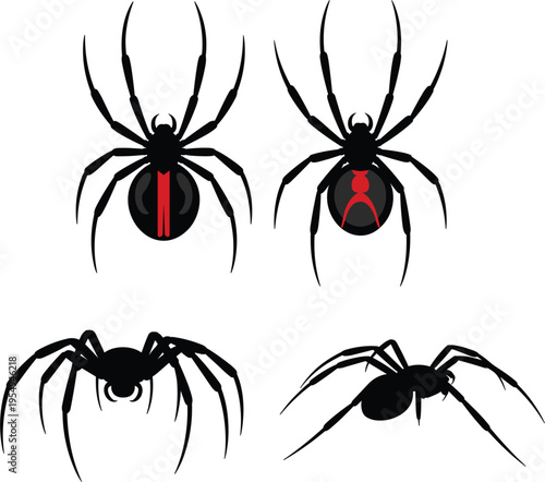 Black widow spider vector silhouette set, venomous insect icons, creepy halloween elements isolated on white background