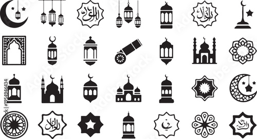 Ramadan Kareem icons set with mosques lanterns and crescent moon symbols