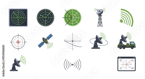 Radar and Sonar Icons Set, Navigation Scanning System, Satellite Signal, Military Radio Antenna, and Maritime Surveillance Vector Illustration