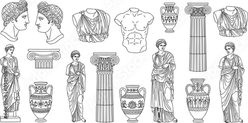 Large collection of ancient Greek and Roman line art illustrations featuring marble statues architectural columns classic amphora vases and mythological figures for historical design