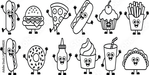 Cute fast food character vector set with burger, pizza, taco, and hot dog kawaii mascots