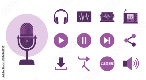 Set of purple audio and sound recording icons for multimedia applications.