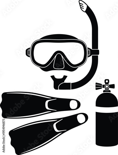 Scuba diving equipment with mask, flippers, and tank