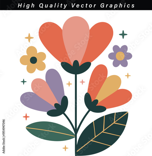 A colorful flower arrangement with leaves and stars Vector, illustration