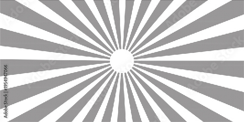 Abstract black and white radial sunburst pattern featuring vintage grunge texture and retro star beam design on a weathered paper backdrop illustration