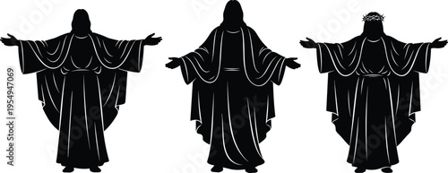 Set of three black silhouettes of Jesus Christ with open arms including one with a crown of thorns for religious Easter design