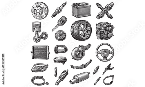 Vintage Car Parts Icons Set – Auto Repair, Mechanic Tools & Vehicle Components Vector