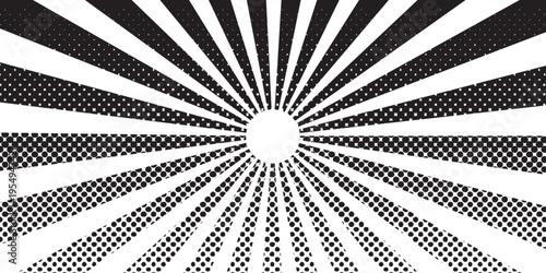 Vintage grunge sunburst background featuring a black and white fractal spiral with abstract rays and retro paper texture for an artistic vector wallpaper design